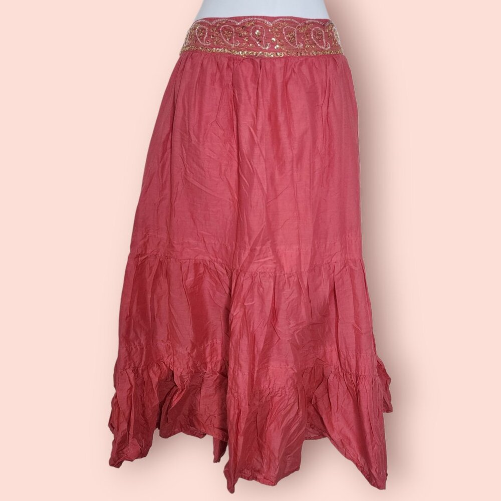 metro 7 boho coral tiered sequin beaded midi skirt size 12 fairy, gypsy, cottage